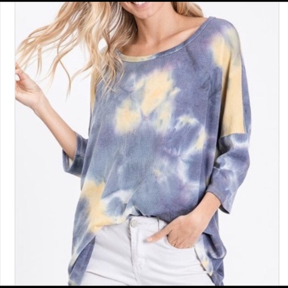 Tops - Blue and Yellow Waffle Knit Tie Dye Loose Fit Top
